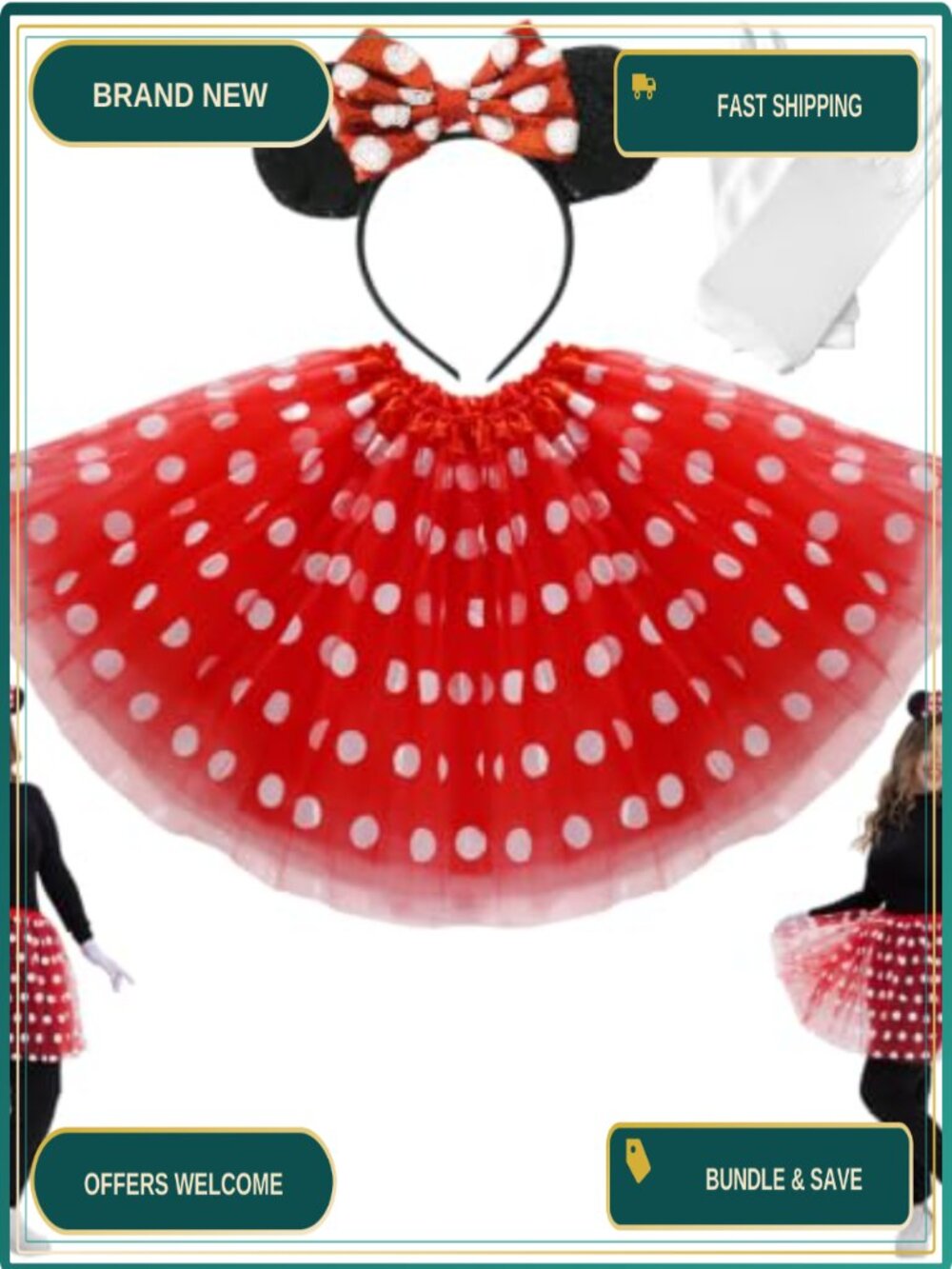 3-Piece Mouse Tutu Costume Set Polka Dot Headband & Gloves Cosplay Halloween